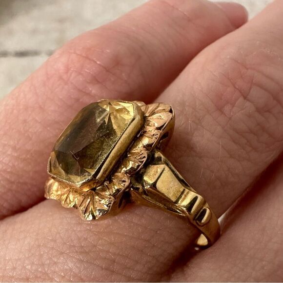 Vintage 1910-1920s 10k Mix Gold Citrine Ring - Picture 5 of 10